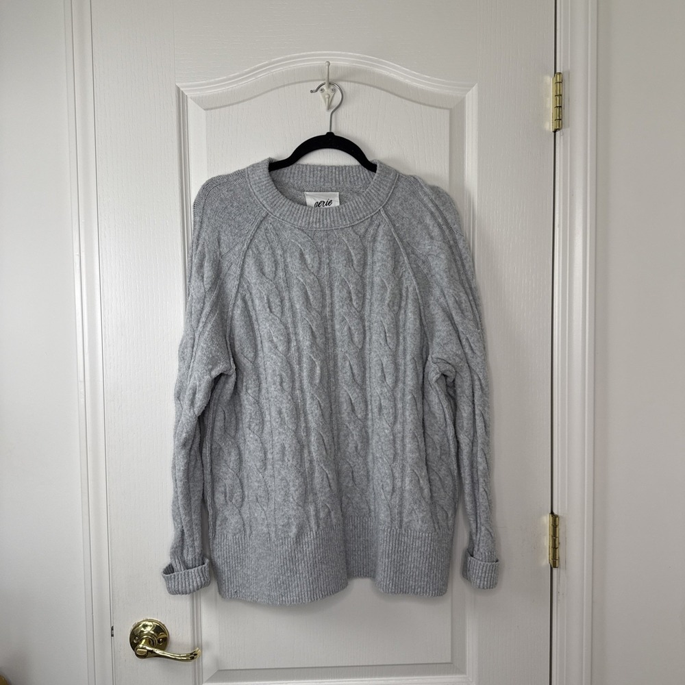 Aerie Womens Size XXS Oversized Gray Beaded Cable Knit Pullover Sweater